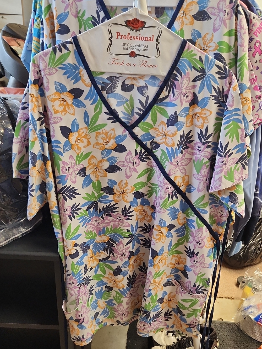 Floral Wrap Tunic Top - White with Yellow, Blue, Green & Purple Floral Print